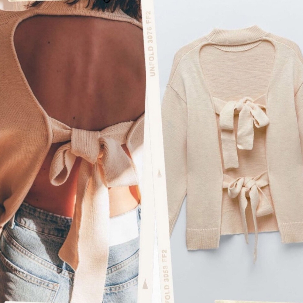 Zara Open Tie Back Mock Neck Sweater Pullover Bow Back Knit Ivory Small S